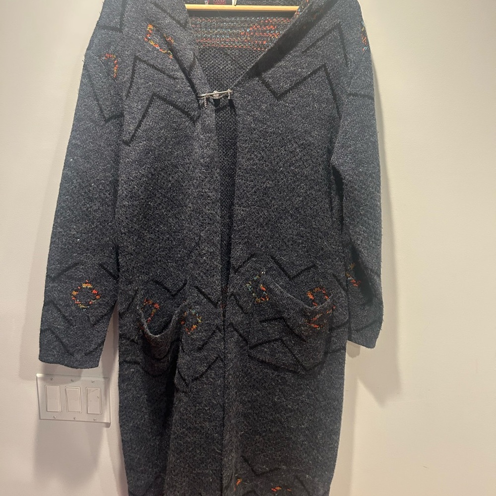 Gray Hooded Cardigan with Patterned Accents